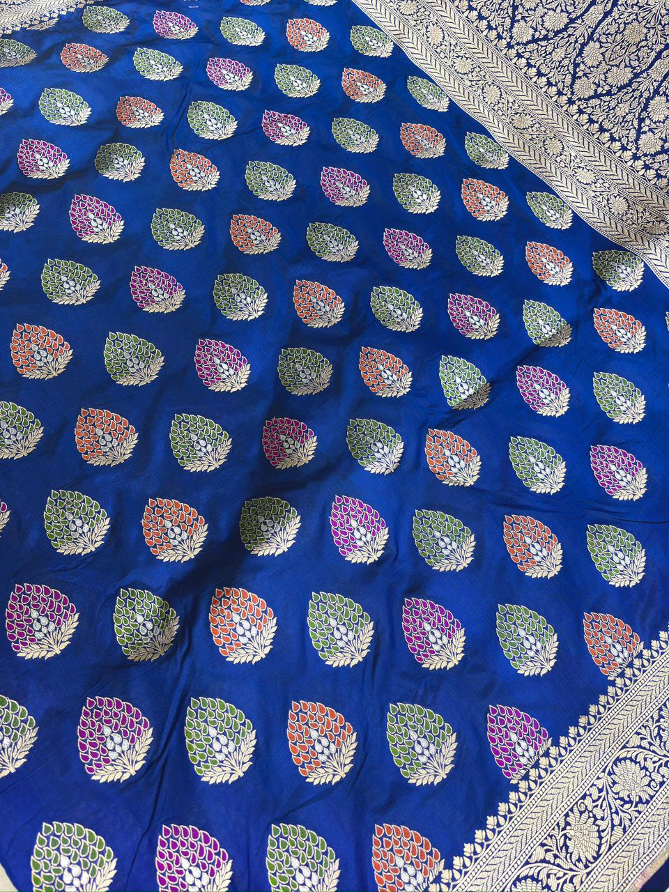 Royal Blue Katan Jungla Meenakari Cutwork Saree with Multicolour Meenakari & Antique Gold Zari