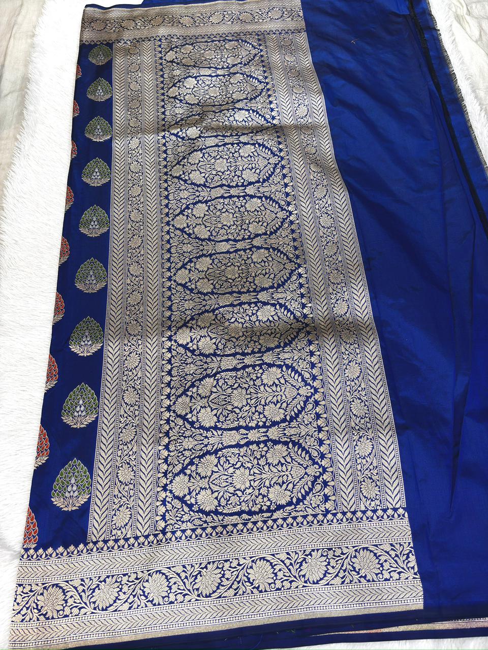 Royal Blue Katan Jungla Meenakari Cutwork Saree with Multicolour Meenakari & Antique Gold Zari