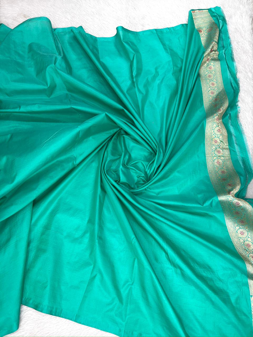 Teal Green Katan Jungla Meenakari Cutwork Saree with Antique Gold Zari & Meenakari Accents