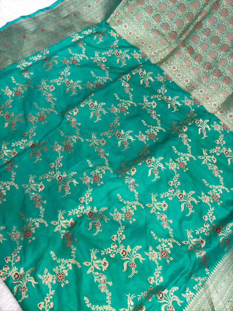 Teal Green Katan Jungla Meenakari Cutwork Saree with Antique Gold Zari & Meenakari Accents
