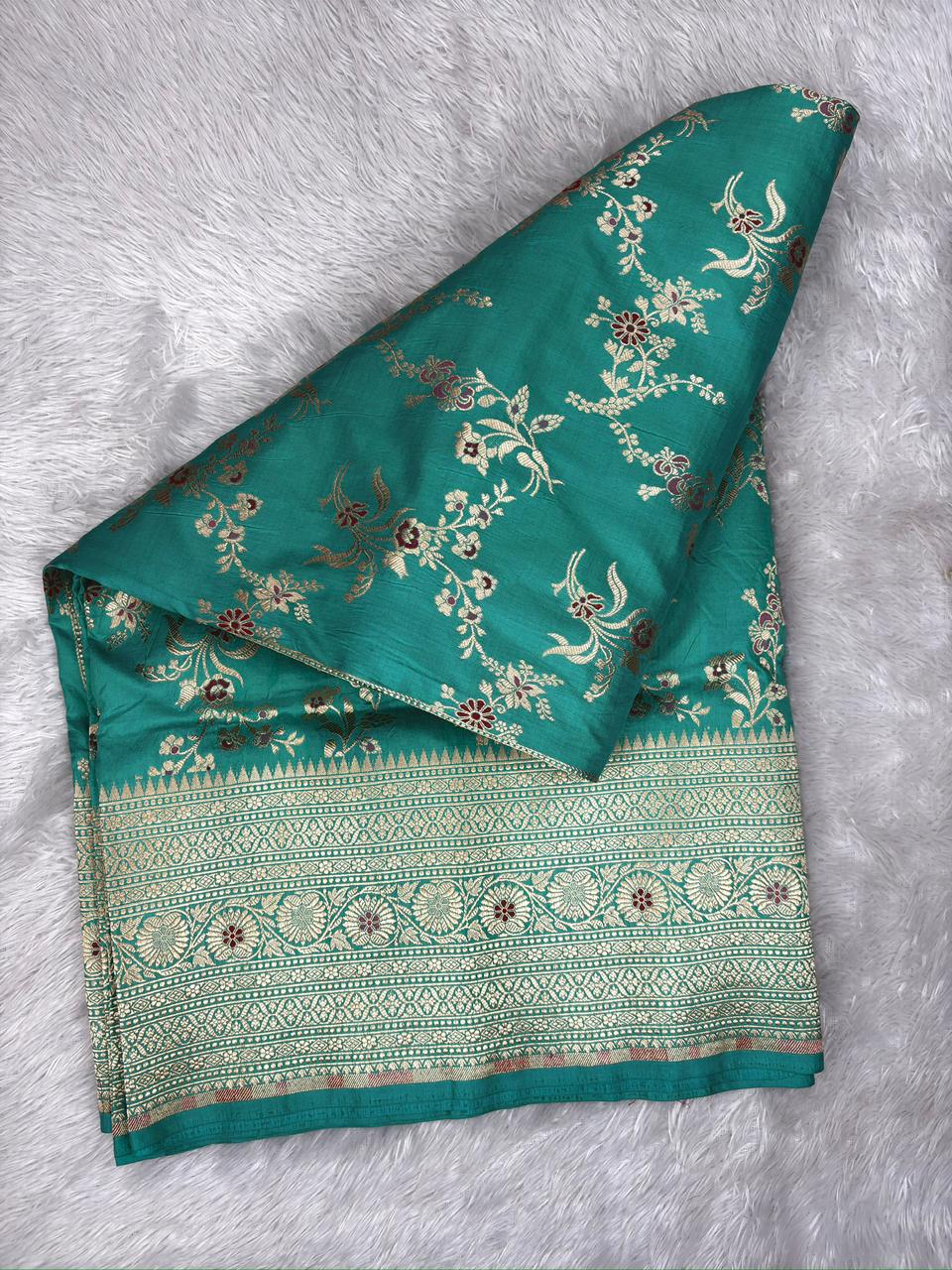 Teal Green Katan Jungla Meenakari Cutwork Saree with Antique Gold Zari & Meenakari Accents