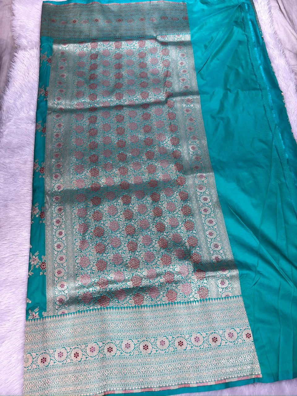 Teal Green Katan Jungla Meenakari Cutwork Saree with Antique Gold Zari & Meenakari Accents