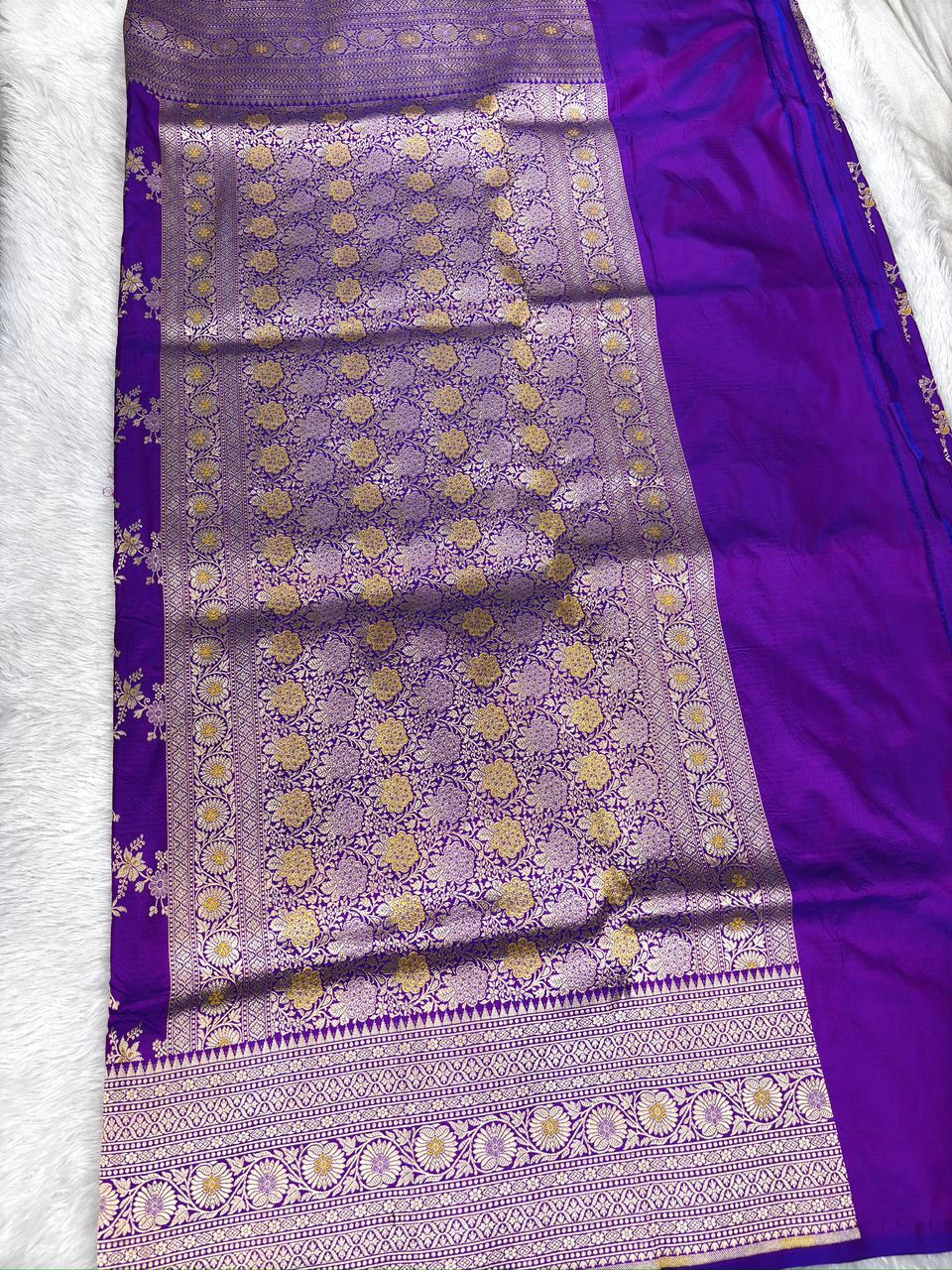 Royal Violet Katan Jungla Meenakari Cutwork Saree with Antique Gold Zari & Soft Meenakari