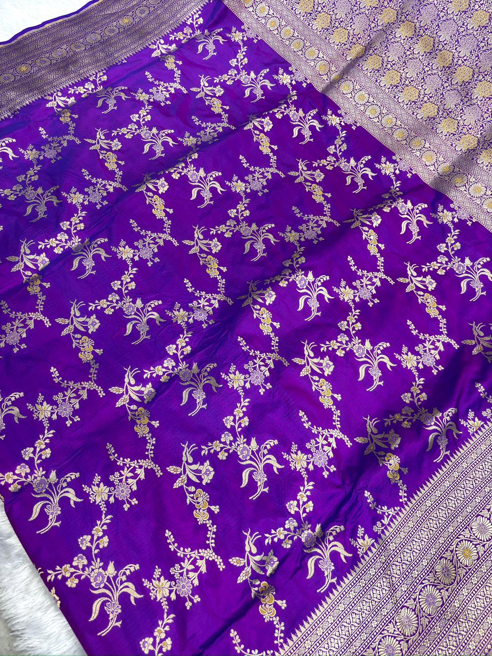 Royal Violet Katan Jungla Meenakari Cutwork Saree with Antique Gold Zari & Soft Meenakari