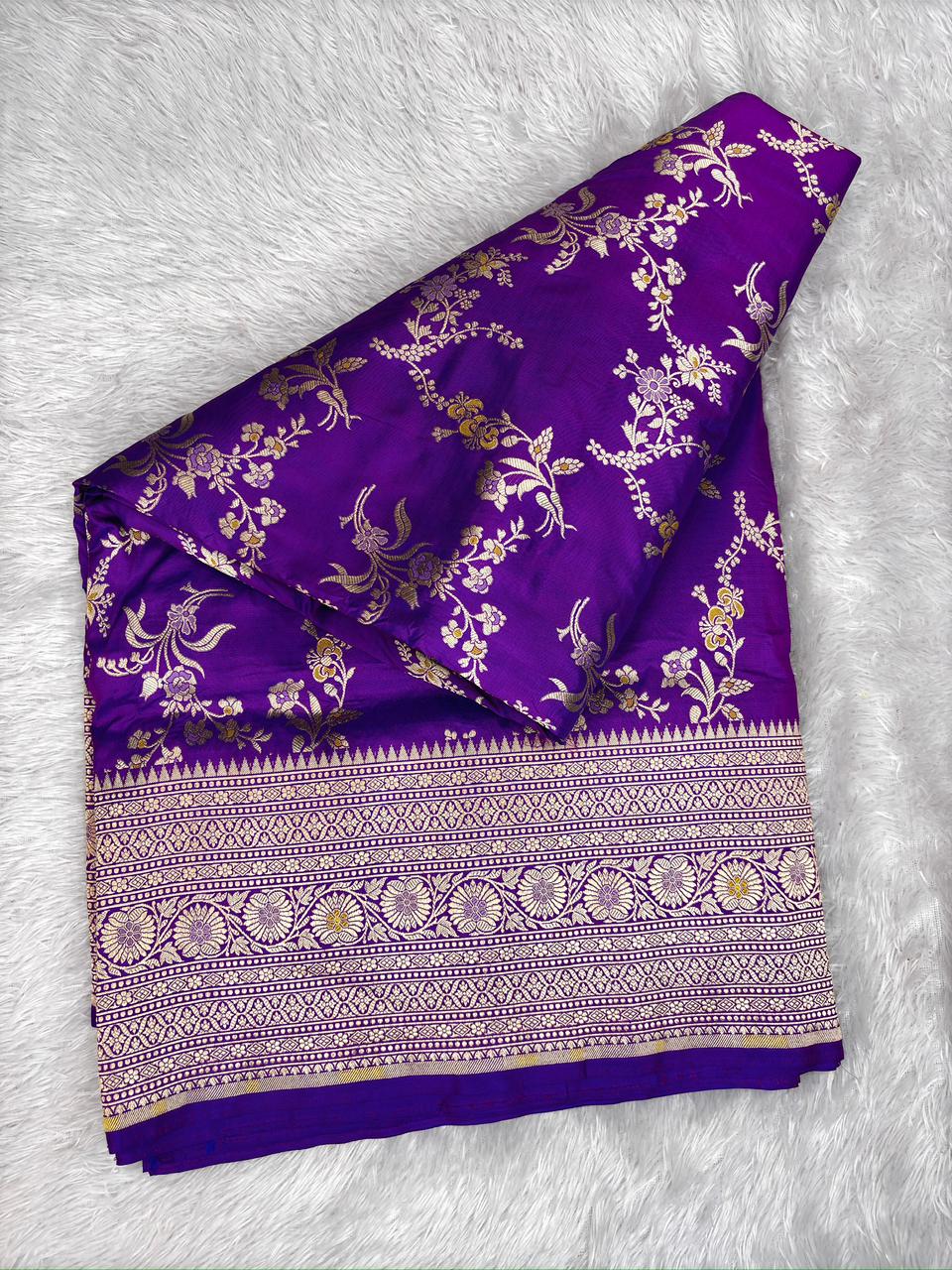 Royal Violet Katan Jungla Meenakari Cutwork Saree with Antique Gold Zari & Soft Meenakari