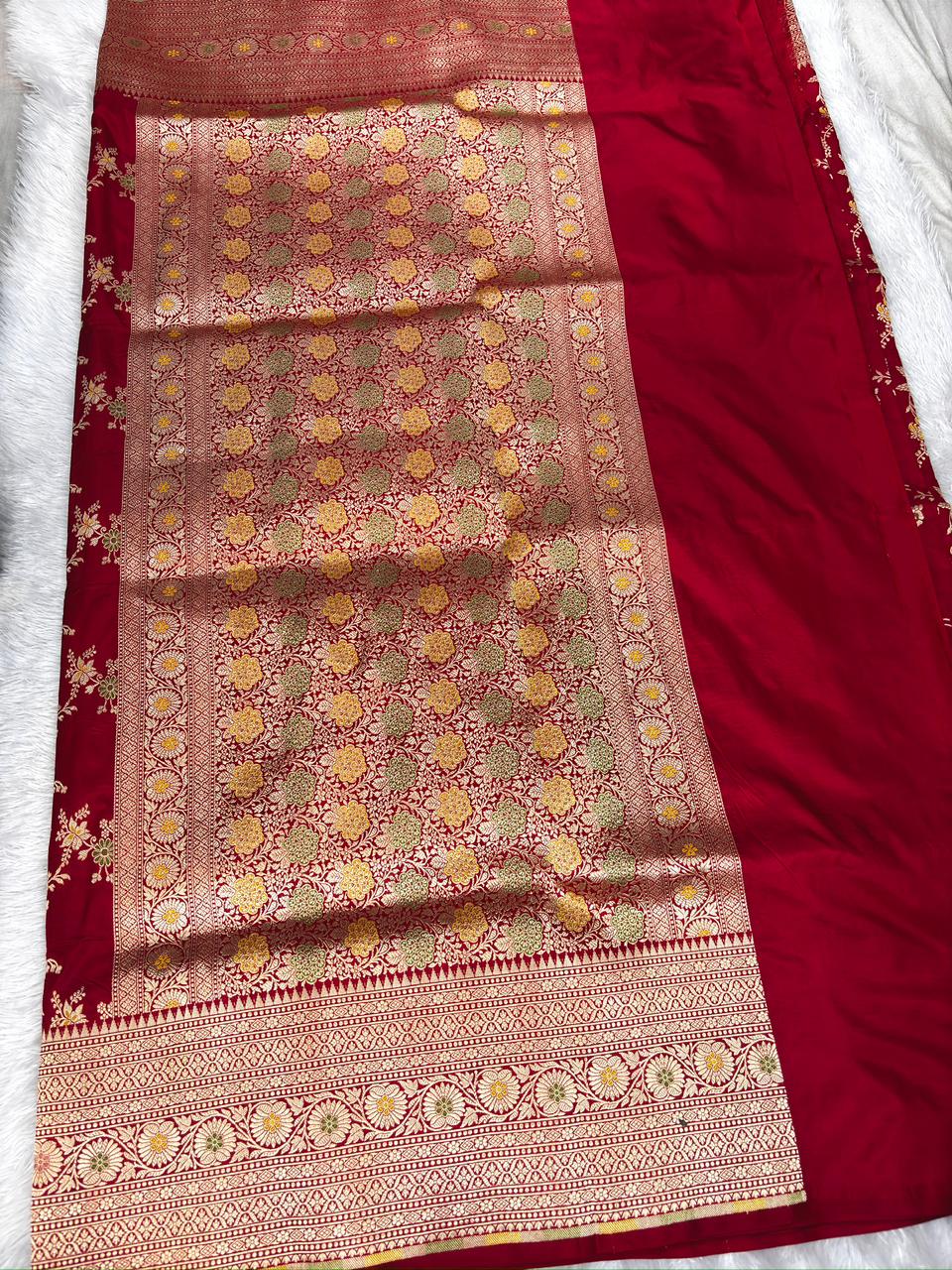 Deep Maroon / Wine Red Katan Jungla Meenakari Cutwork Saree with Antique Gold & Subtle Meenakari Accents