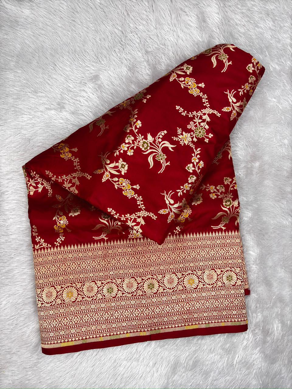 Deep Maroon / Wine Red Katan Jungla Meenakari Cutwork Saree with Antique Gold & Subtle Meenakari Accents