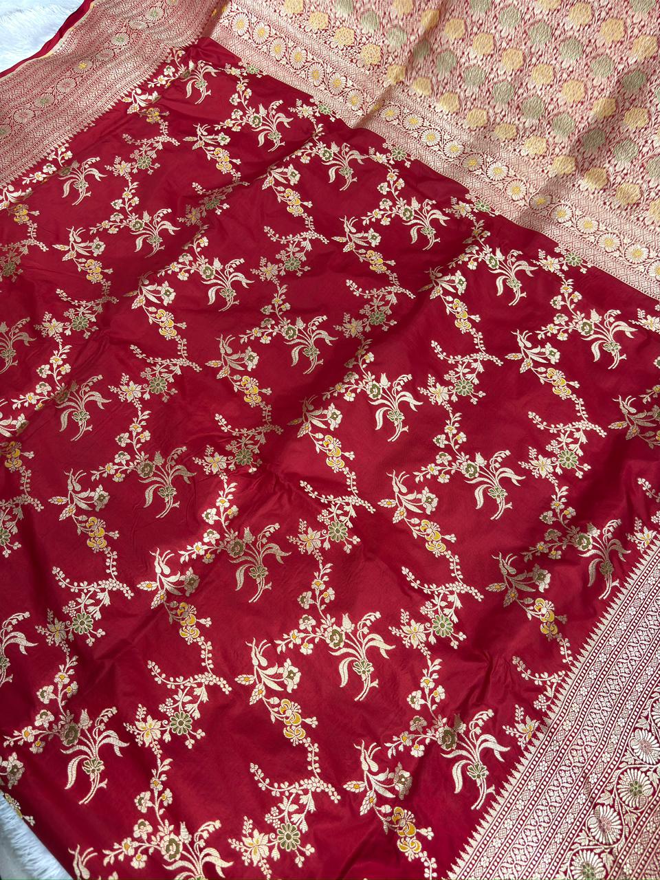 Deep Maroon / Wine Red Katan Jungla Meenakari Cutwork Saree with Antique Gold & Subtle Meenakari Accents