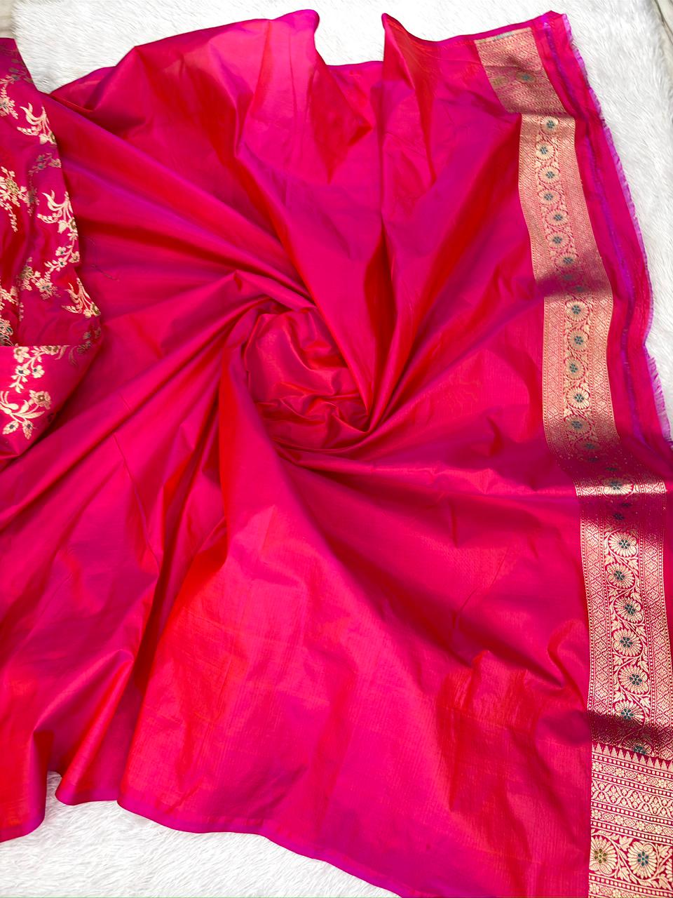Rani Pink Katan Jungla Meenakari Cutwork Saree with meenakari work
