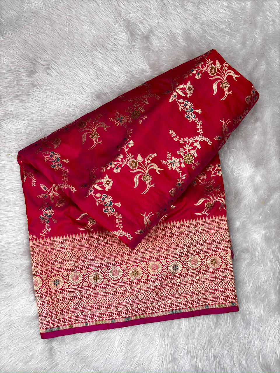 Rani Pink Katan Jungla Meenakari Cutwork Saree with meenakari work