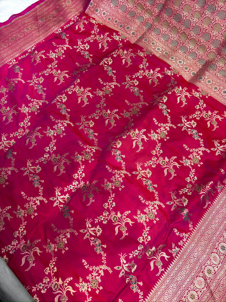 Rani Pink Katan Jungla Meenakari Cutwork Saree with meenakari work