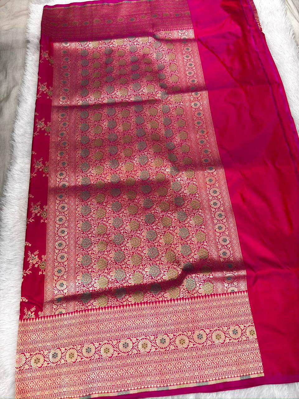 Rani Pink Katan Jungla Meenakari Cutwork Saree with meenakari work
