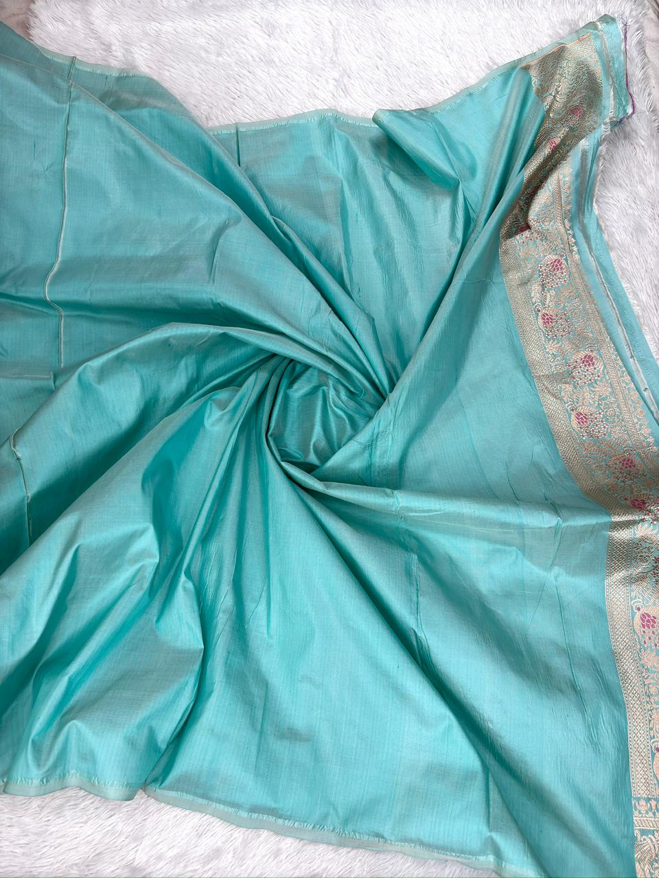 Soft Aqua–Sea Green Katan Jungla Meenakari Cutwork Saree  with Antique Gold Zari & Delicate Multicolor Meenakari Accents