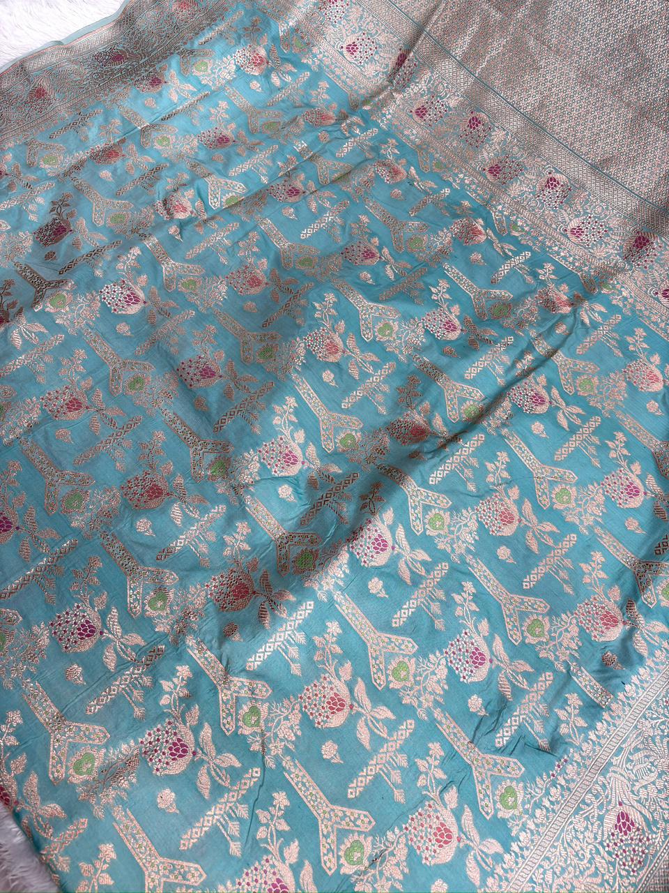 Soft Aqua–Sea Green Katan Jungla Meenakari Cutwork Saree  with Antique Gold Zari & Delicate Multicolor Meenakari Accents