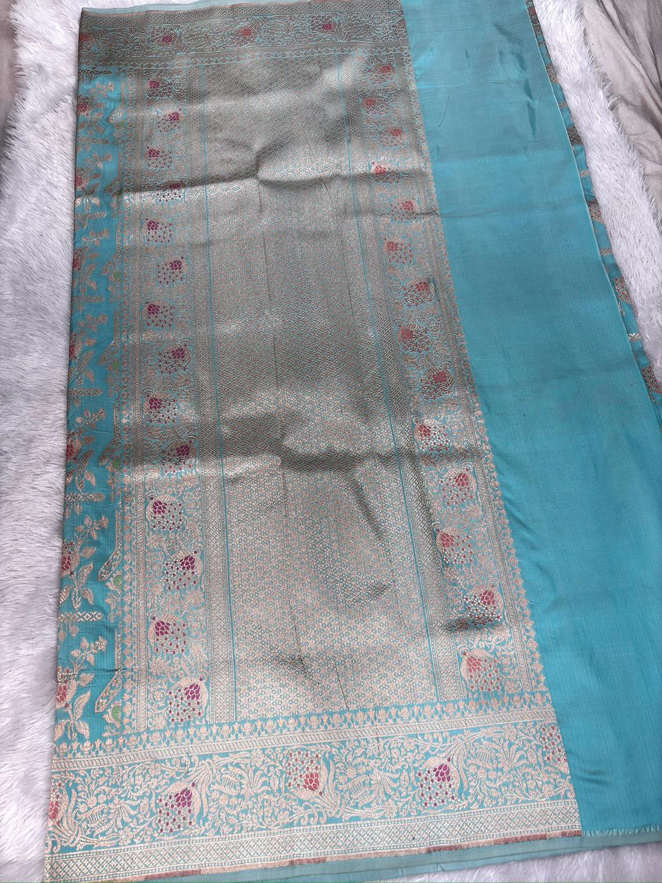 Soft Aqua–Sea Green Katan Jungla Meenakari Cutwork Saree  with Antique Gold Zari & Delicate Multicolor Meenakari Accents