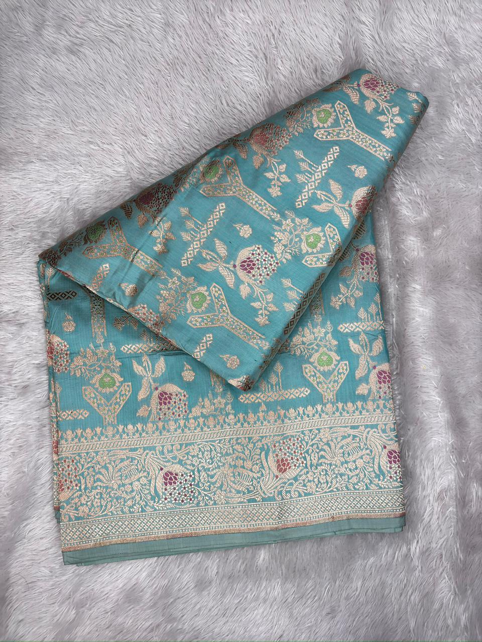 Soft Aqua–Sea Green Katan Jungla Meenakari Cutwork Saree  with Antique Gold Zari & Delicate Multicolor Meenakari Accents