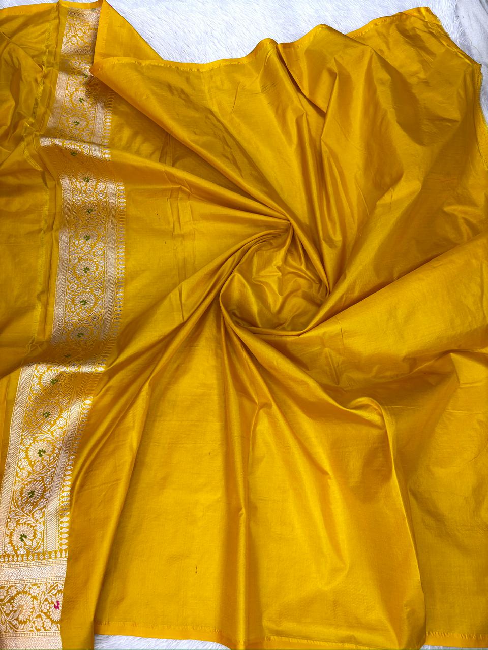 Rich Mustard Yellow Katan Jungla Meenakari Cutwork Saree with Antique Gold Zari & Meenakari Accents