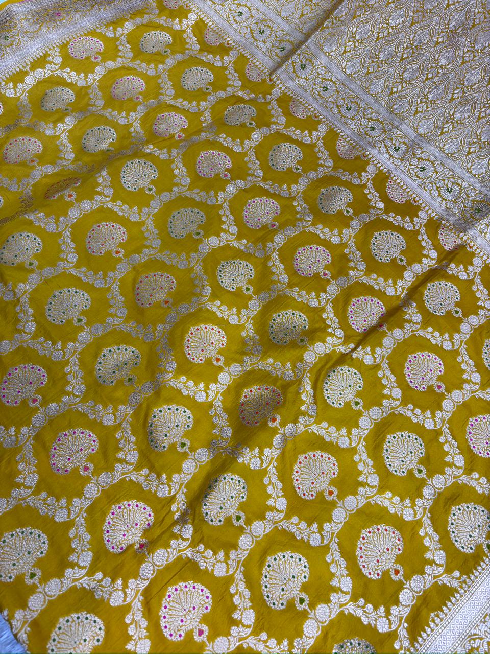 Rich Mustard Yellow Katan Jungla Meenakari Cutwork Saree with Antique Gold Zari & Meenakari Accents