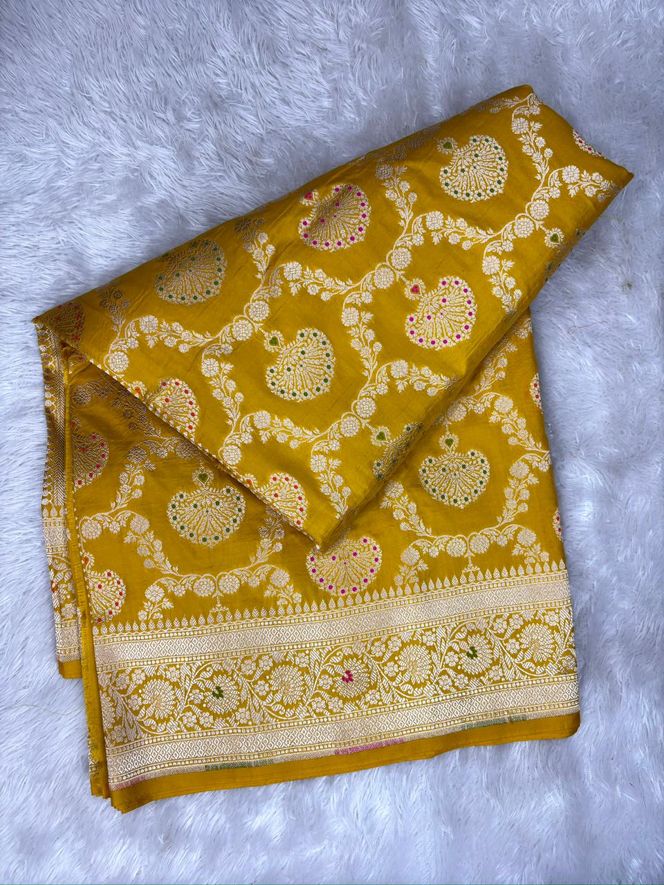 Rich Mustard Yellow Katan Jungla Meenakari Cutwork Saree with Antique Gold Zari & Meenakari Accents