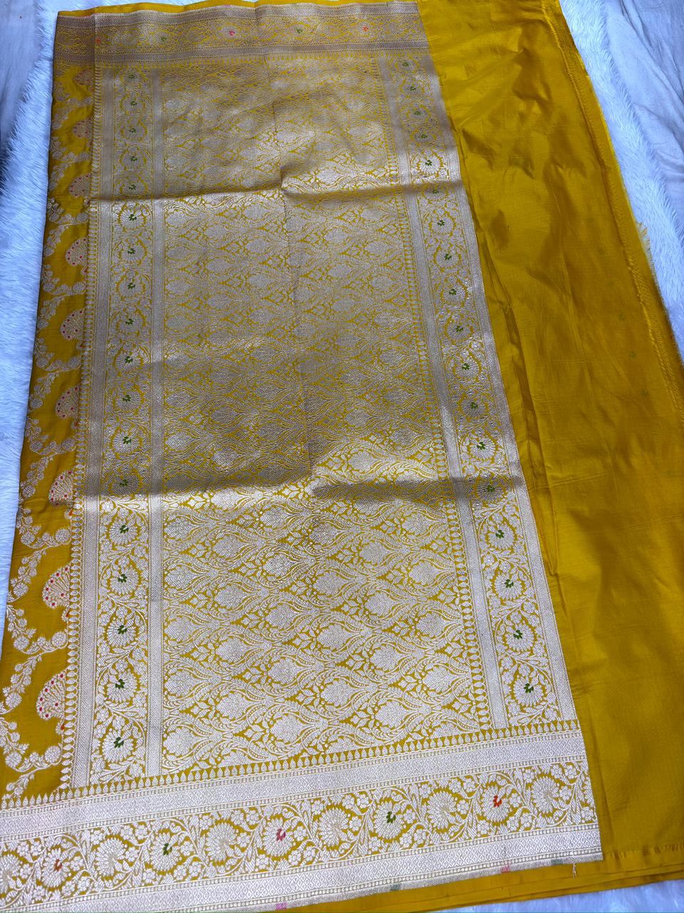 Rich Mustard Yellow Katan Jungla Meenakari Cutwork Saree with Antique Gold Zari & Meenakari Accents