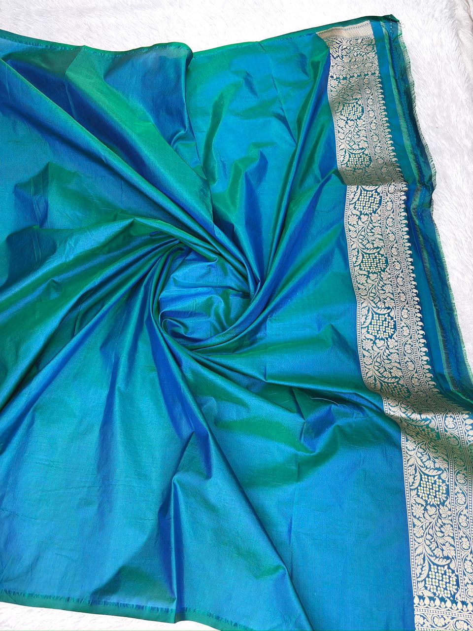 Deep Blue Katan Jungla Meenakari Cutwork Saree with Antique Gold Zari & Soft Multicolor Meenakari