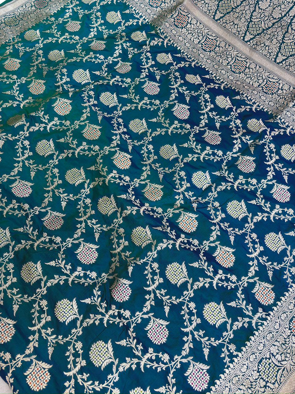 Deep Blue Katan Jungla Meenakari Cutwork Saree with Antique Gold Zari & Soft Multicolor Meenakari