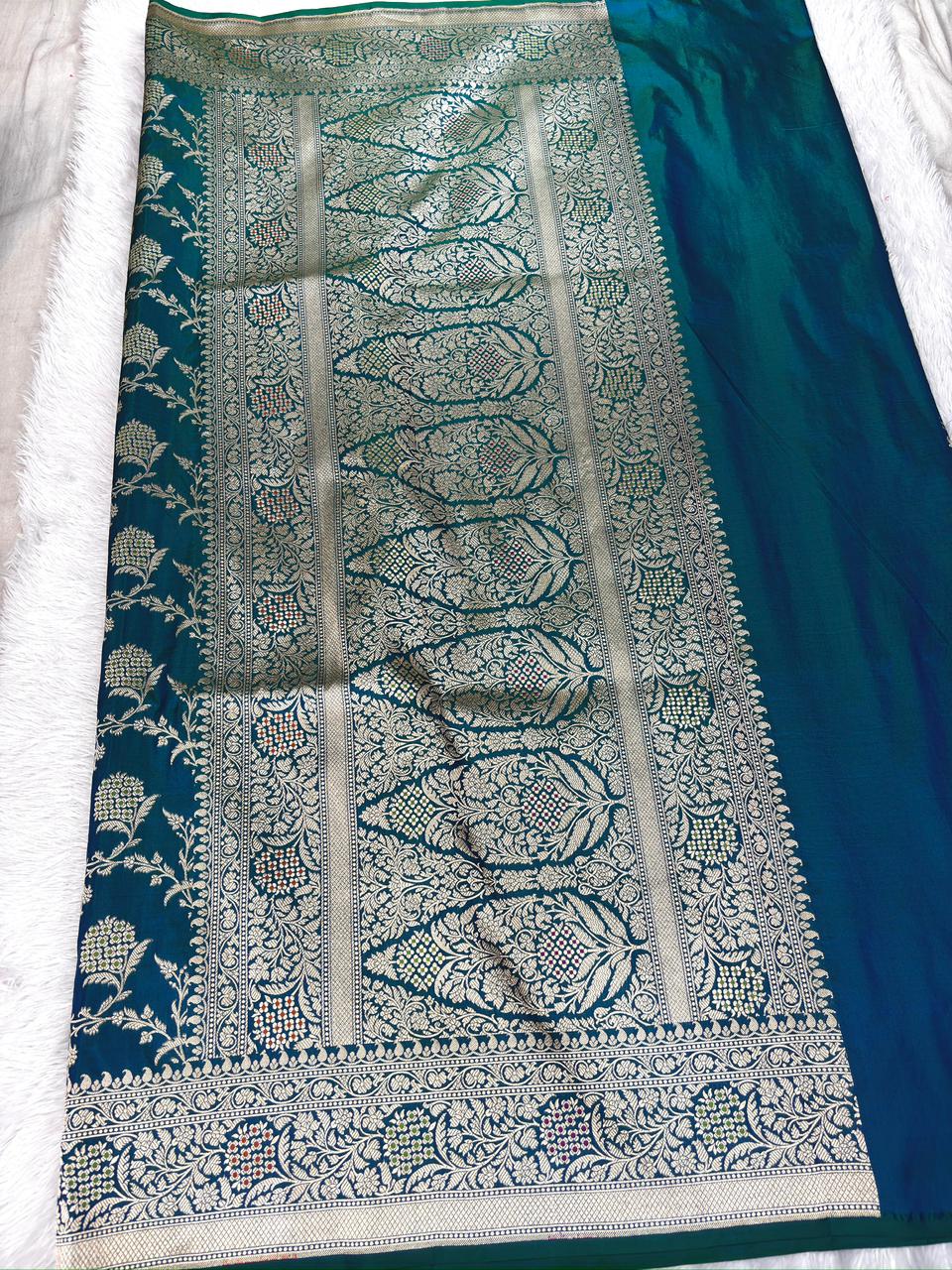 Deep Blue Katan Jungla Meenakari Cutwork Saree with Antique Gold Zari & Soft Multicolor Meenakari