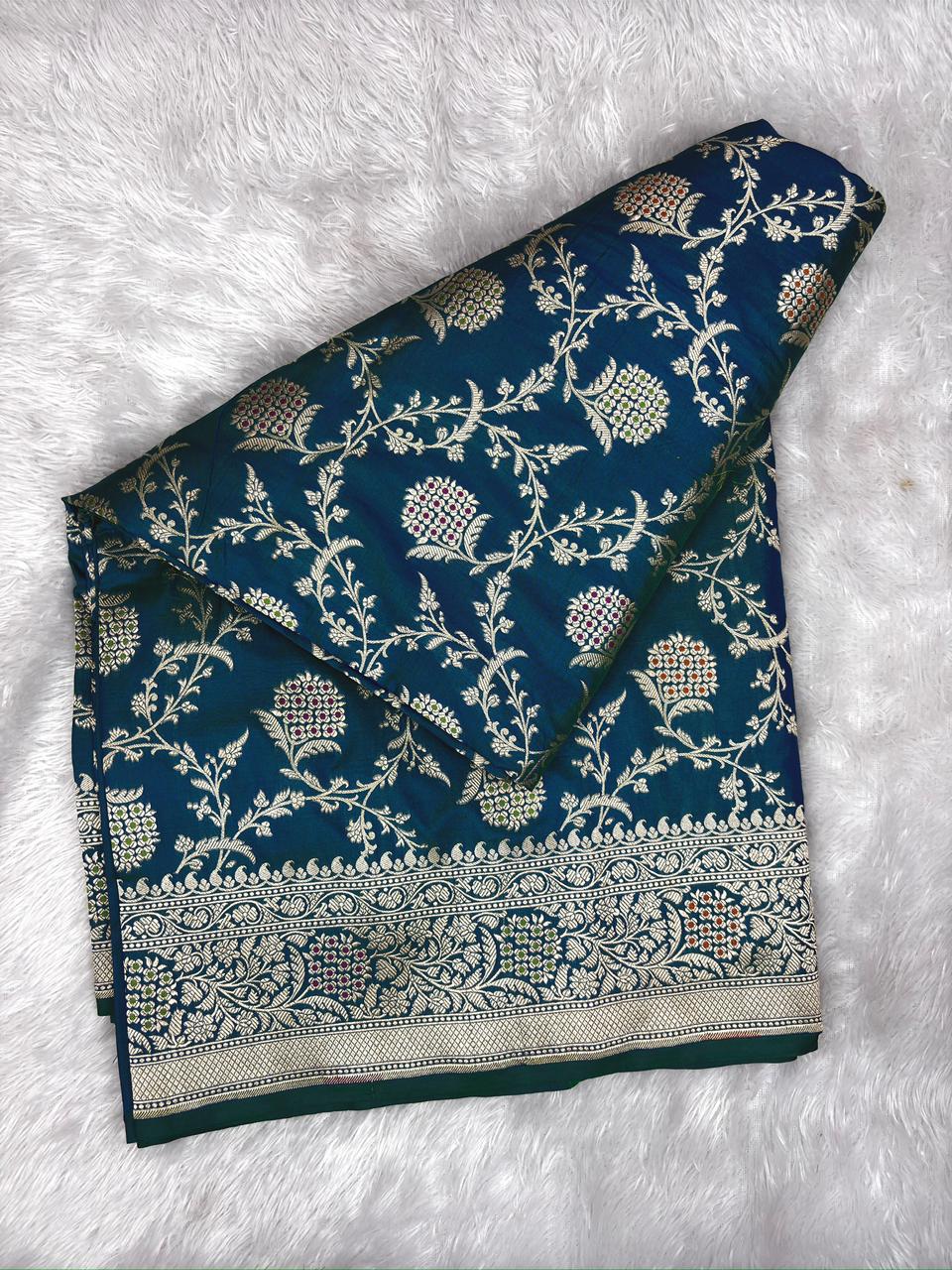 Deep Blue Katan Jungla Meenakari Cutwork Saree with Antique Gold Zari & Soft Multicolor Meenakari