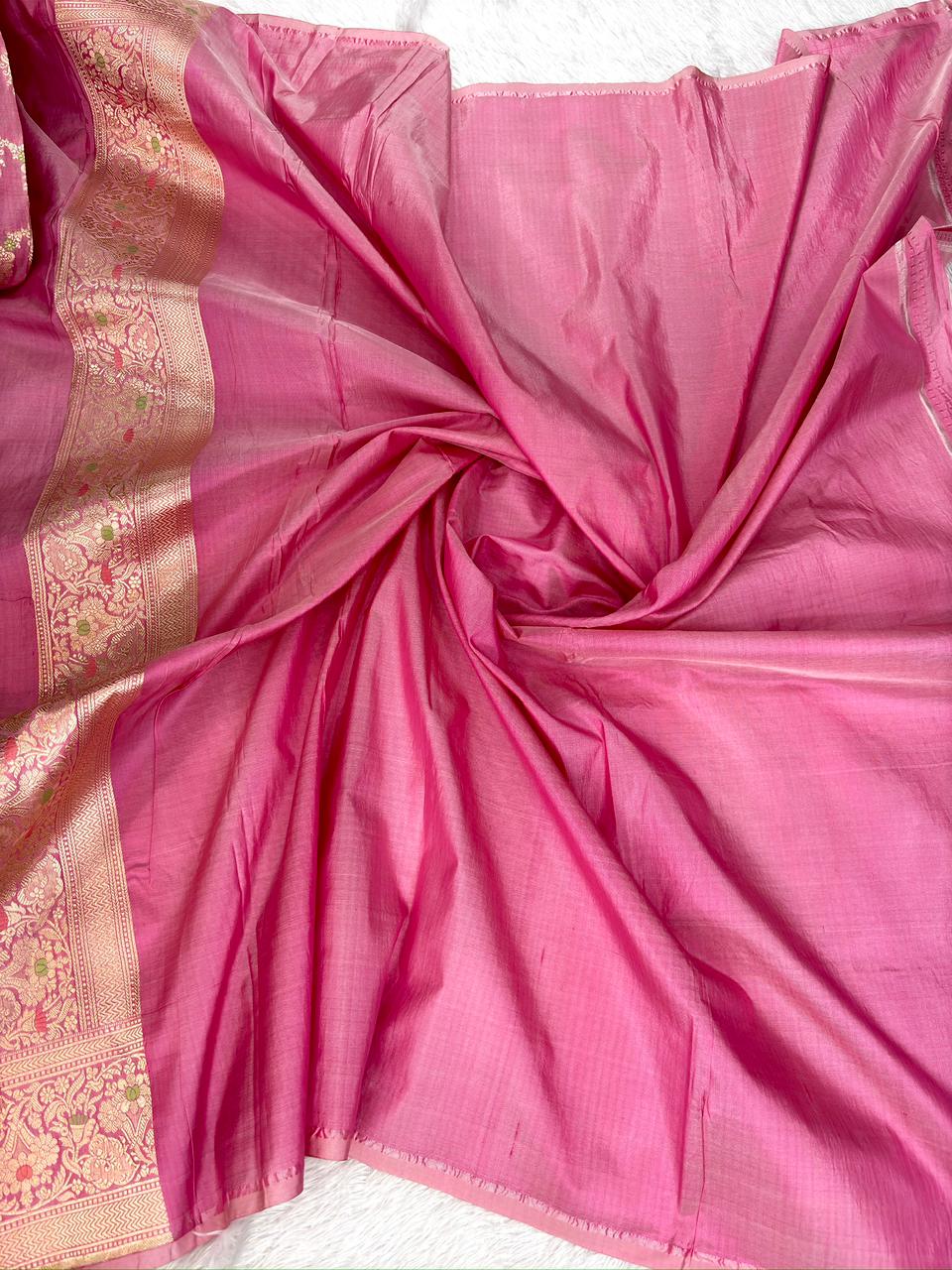 Soft Rose Pink Katan Jungla Meenakari Cutwork Saree with Antique Gold Zari & Meenakari Accents