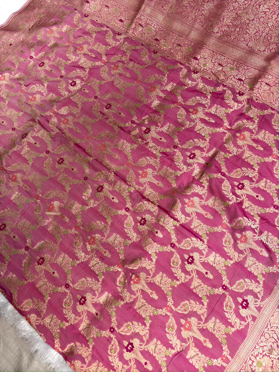 Soft Rose Pink Katan Jungla Meenakari Cutwork Saree with Antique Gold Zari & Meenakari Accents