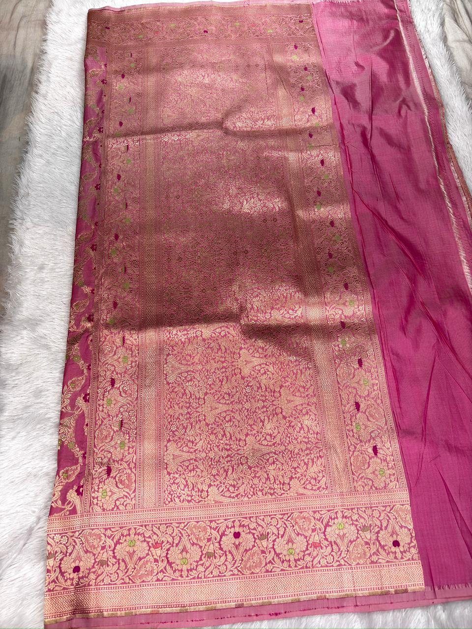 Soft Rose Pink Katan Jungla Meenakari Cutwork Saree with Antique Gold Zari & Meenakari Accents