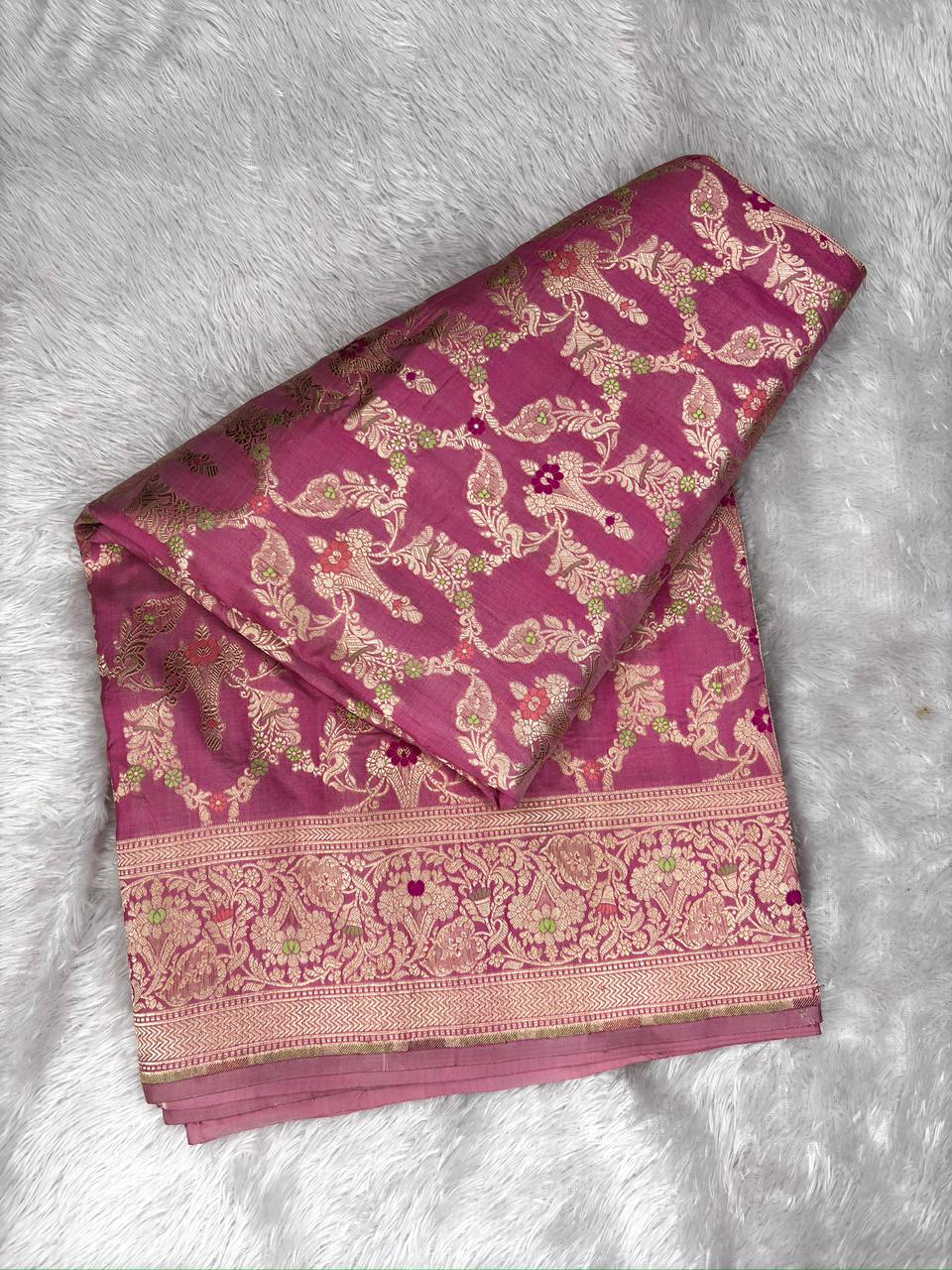 Soft Rose Pink Katan Jungla Meenakari Cutwork Saree with Antique Gold Zari & Meenakari Accents