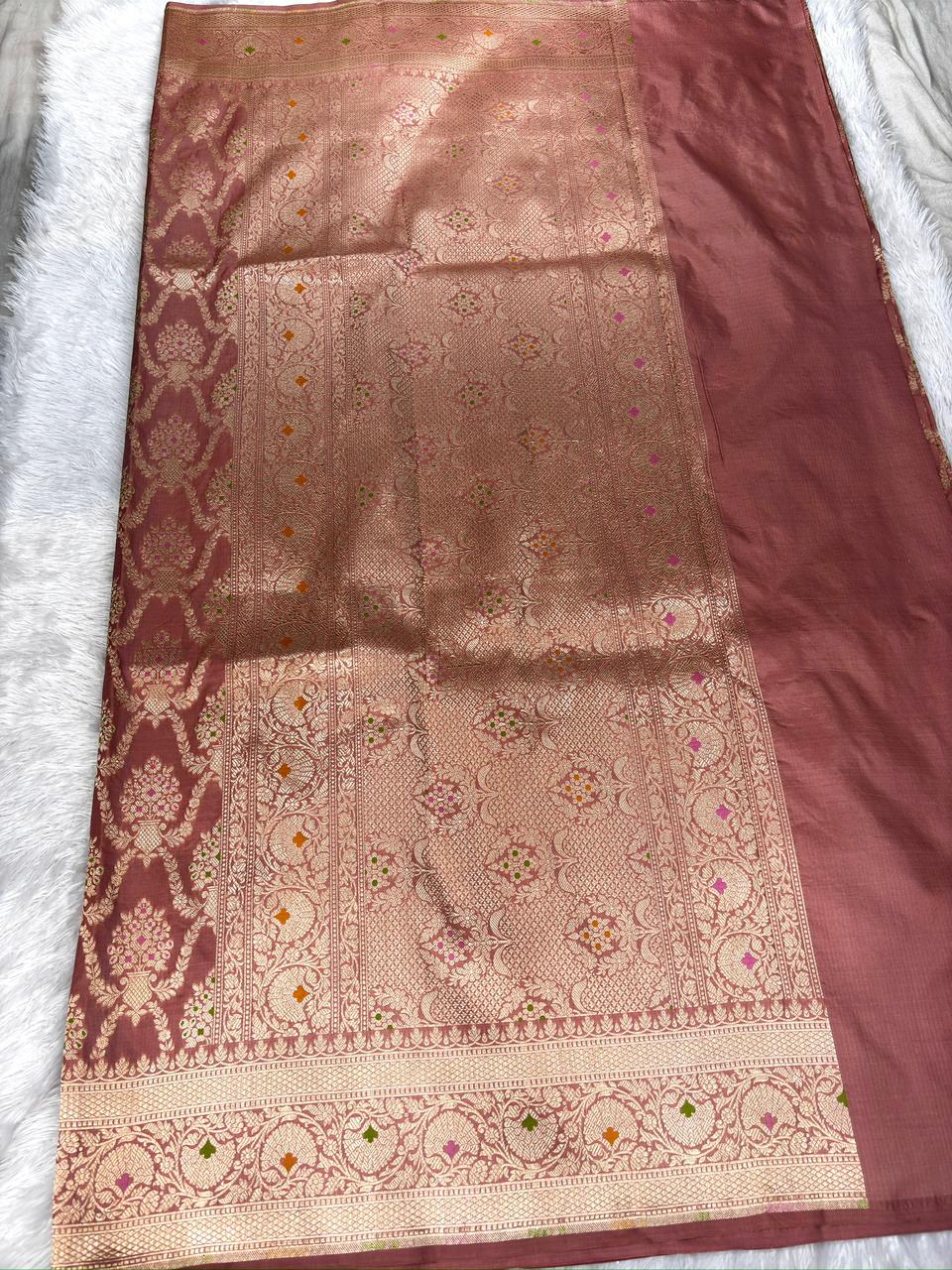 Rosewood Brown Katan Jungla Meenakari Cutwork Saree with Antique Gold & Meenakari