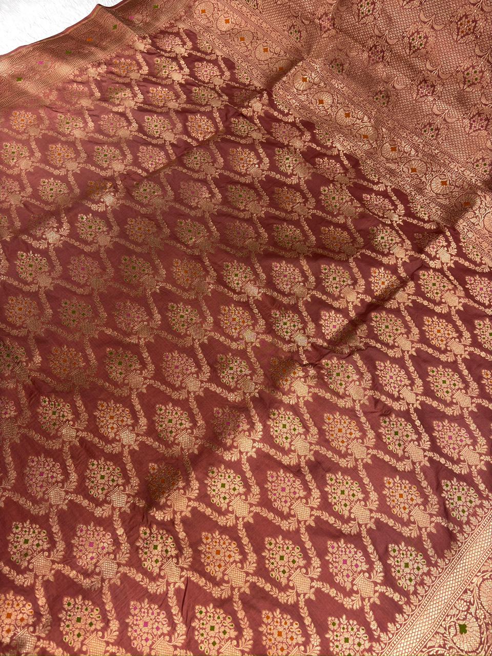 Rosewood Brown Katan Jungla Meenakari Cutwork Saree with Antique Gold & Meenakari