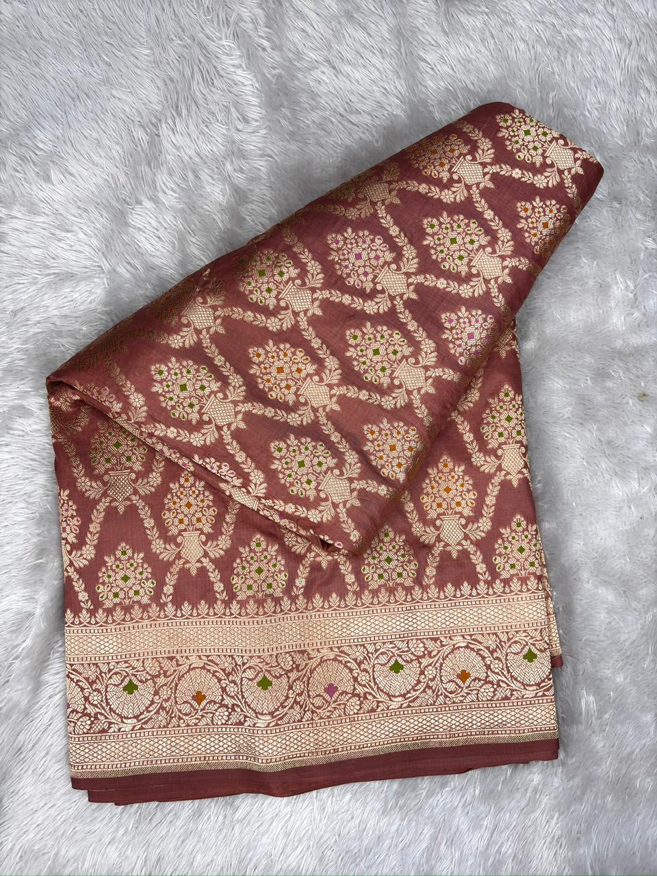 Rosewood Brown Katan Jungla Meenakari Cutwork Saree with Antique Gold & Meenakari