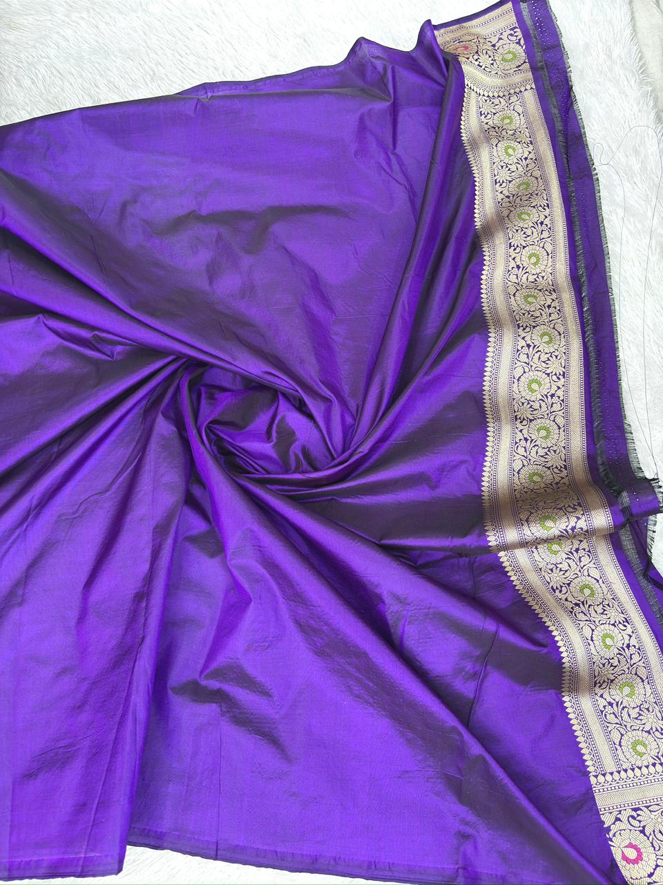 Royal Amethyst Katan Jungla Meenakari Cutwork Saree with Antique Gold & Multicolor Meenakari