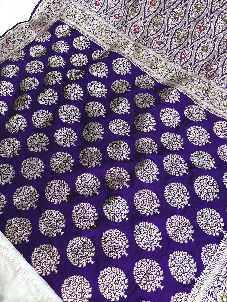 Royal Amethyst Katan Jungla Meenakari Cutwork Saree with Antique Gold & Multicolor Meenakari