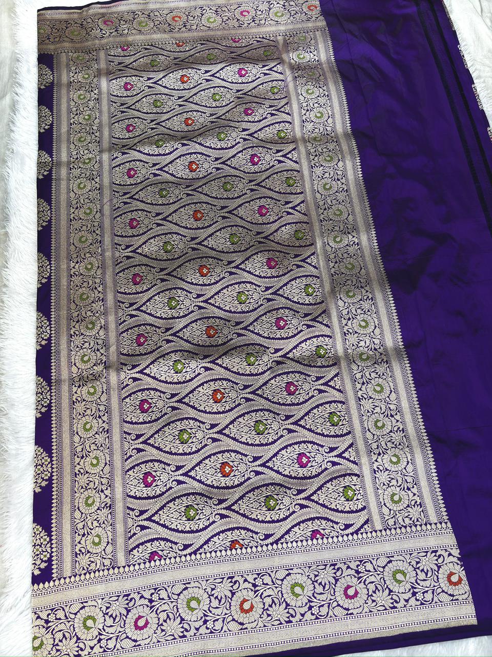 Royal Amethyst Katan Jungla Meenakari Cutwork Saree with Antique Gold & Multicolor Meenakari