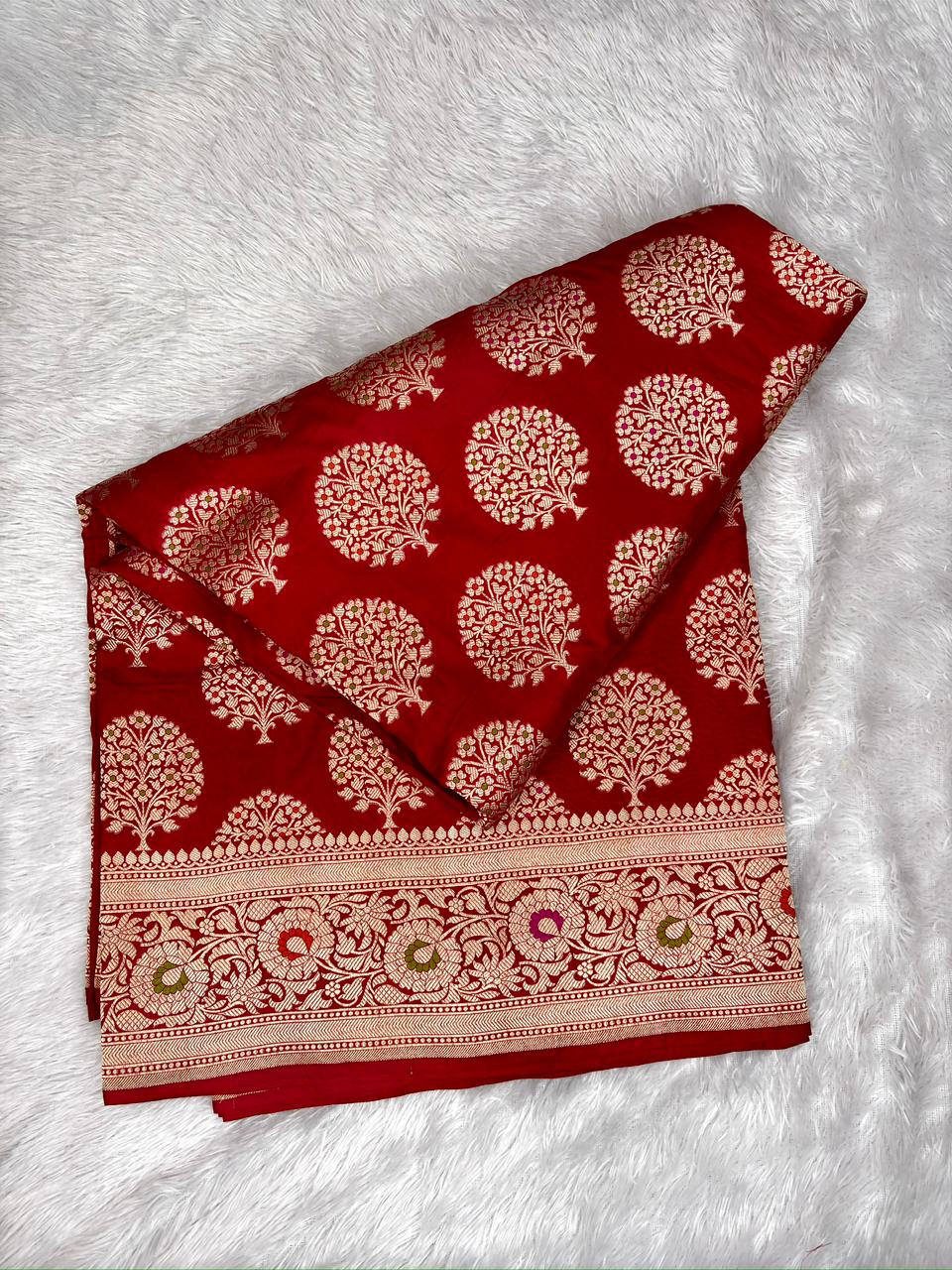 Deep Red  Katan Jungla Meenakari Cutwork Saree with Antique Gold & Multicolor Meenakari Accents