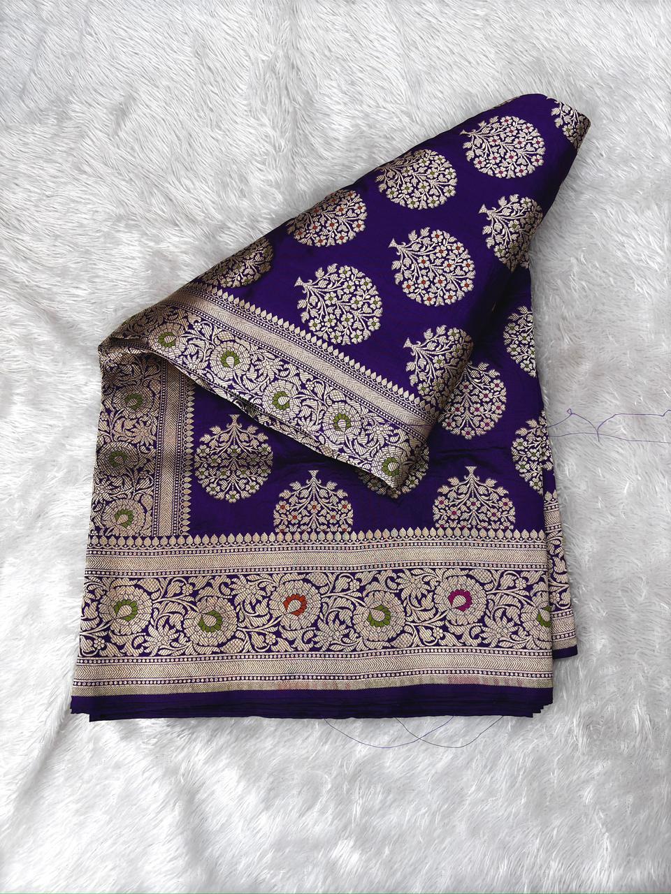 Royal Amethyst Katan Jungla Meenakari Cutwork Saree with Antique Gold & Multicolor Meenakari