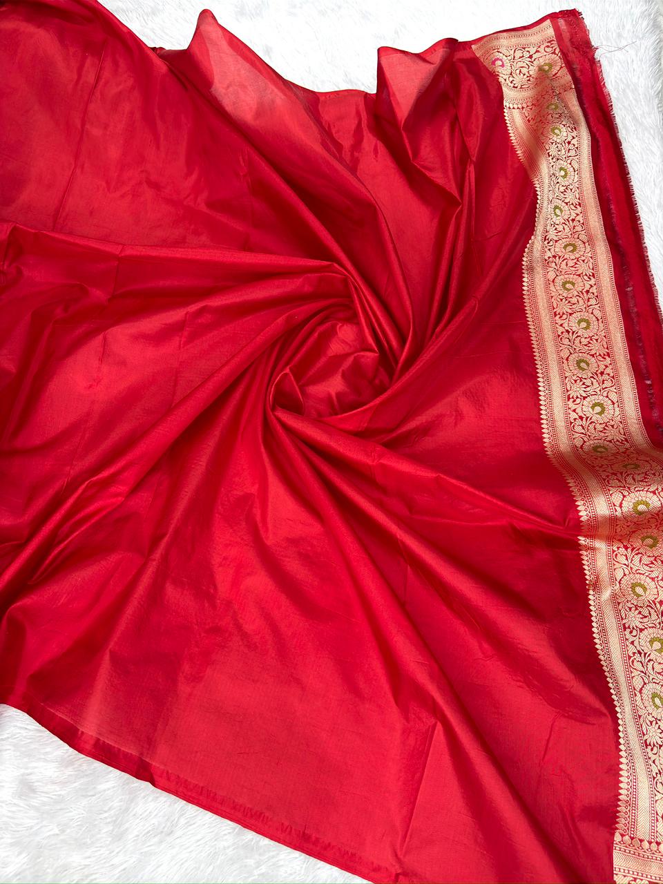 Deep Red  Katan Jungla Meenakari Cutwork Saree with Antique Gold & Multicolor Meenakari Accents