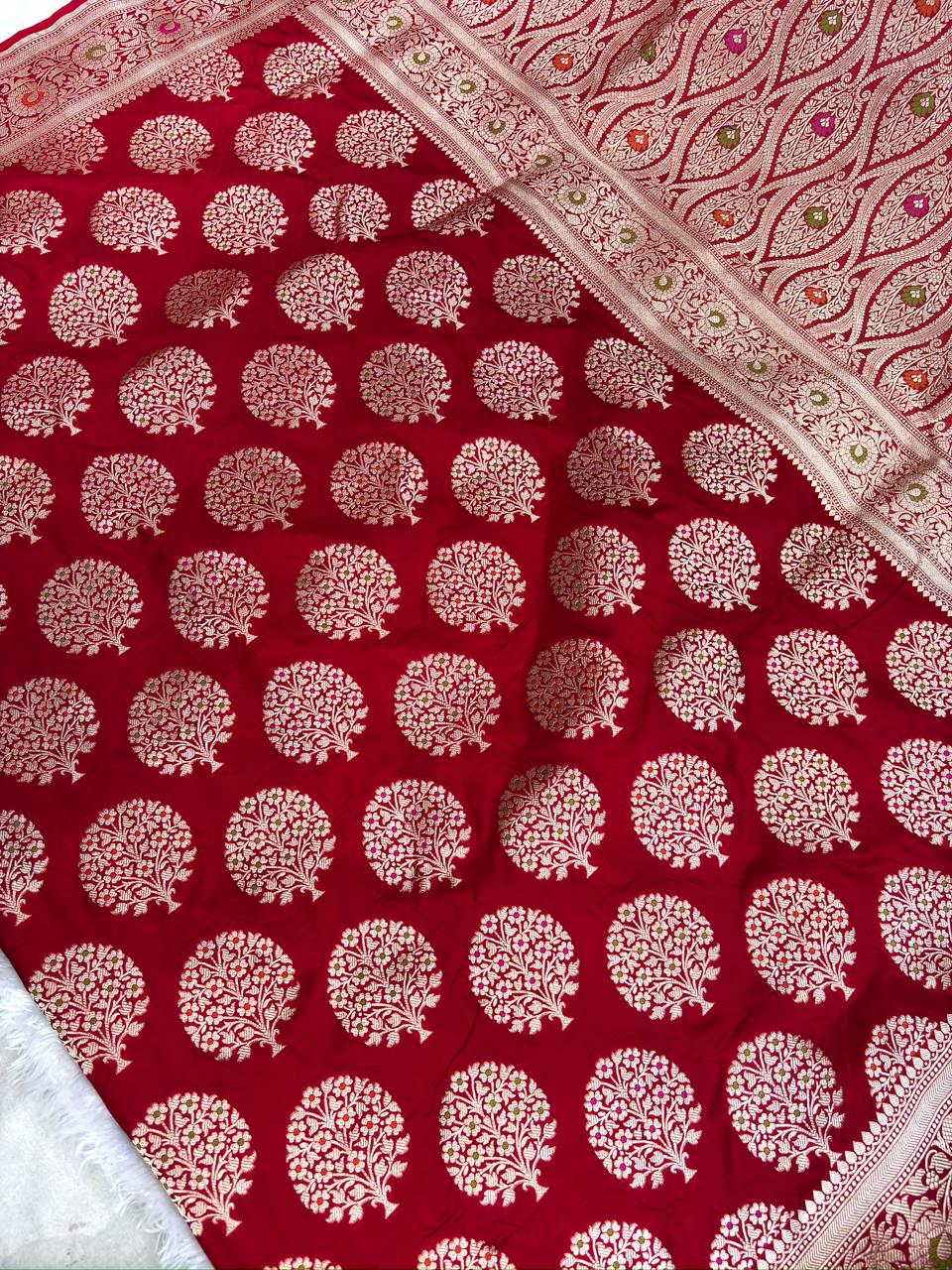 Deep Red  Katan Jungla Meenakari Cutwork Saree with Antique Gold & Multicolor Meenakari Accents