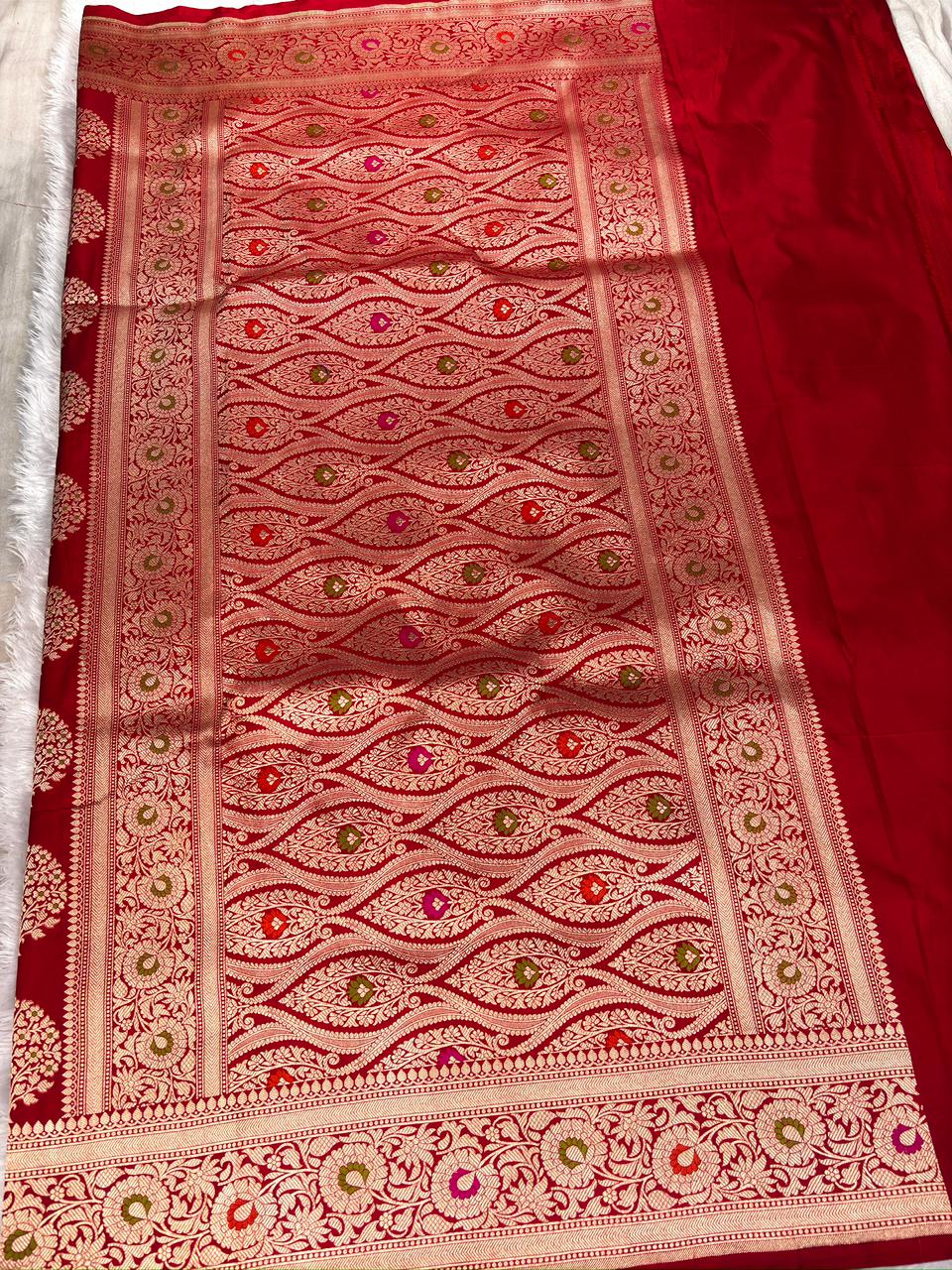 Deep Red  Katan Jungla Meenakari Cutwork Saree with Antique Gold & Multicolor Meenakari Accents