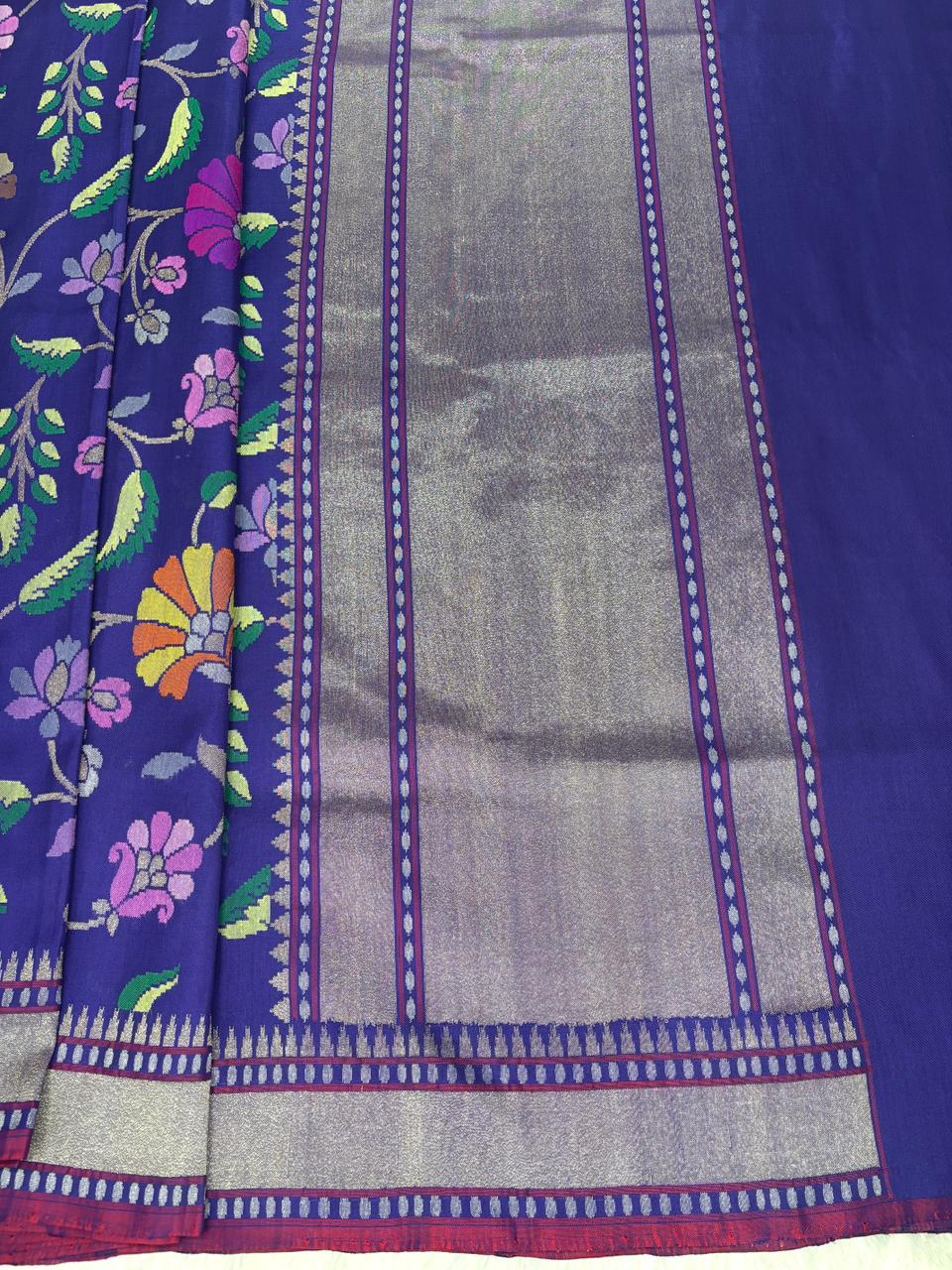 Royal Violet-Blue Pure Katan Silk Banarasi Saree with Real Gold & Silver Zari (Sona Rupa) Floral Jaal