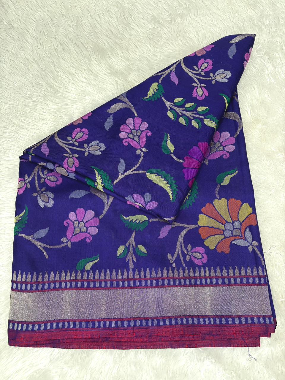 Royal Violet-Blue Pure Katan Silk Banarasi Saree with Real Gold & Silver Zari (Sona Rupa) Floral Jaal