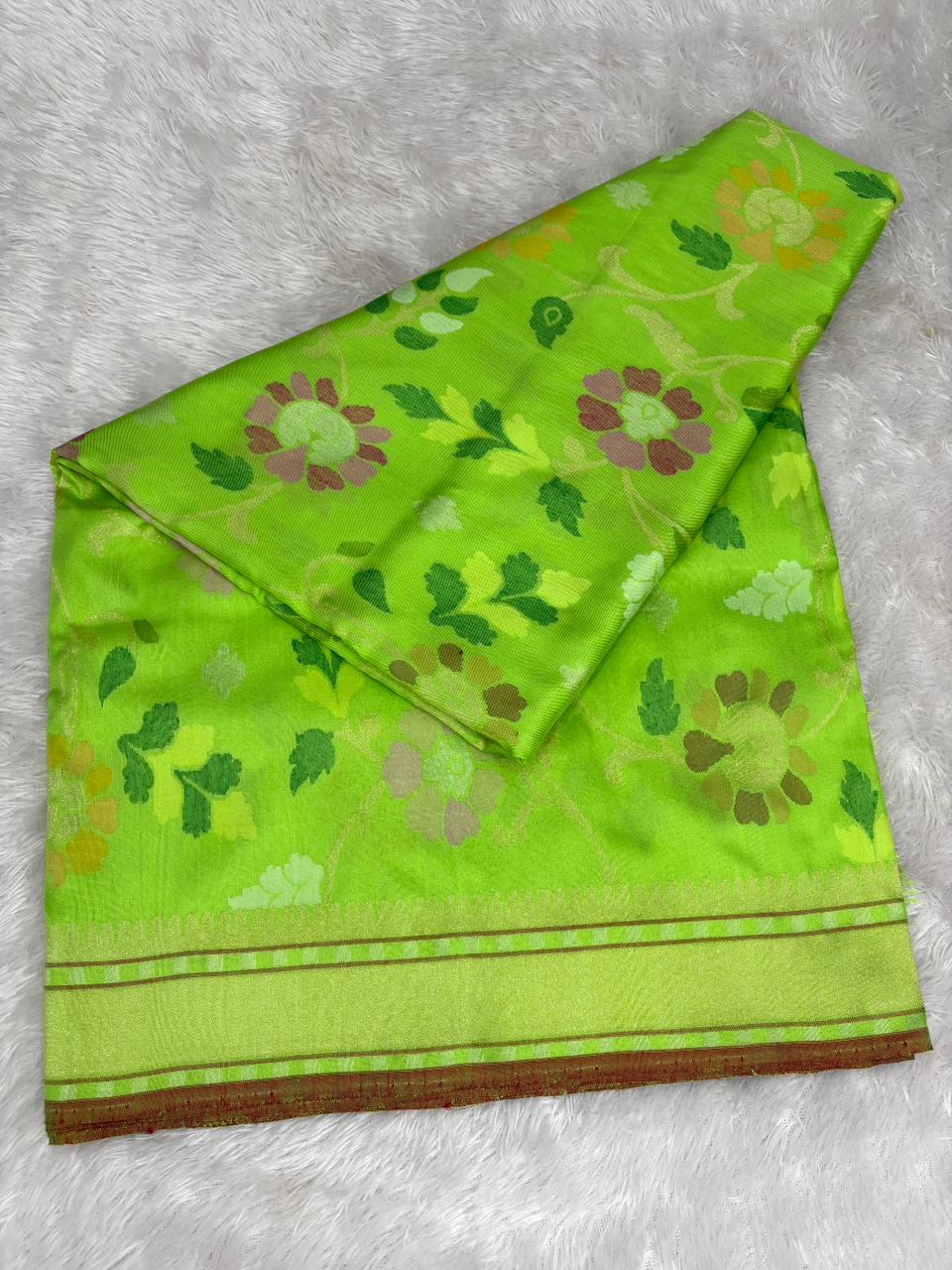 Vibrant Lime Green Pure Katan Silk Banarasi Saree with Sona Rupa Floral Jaal