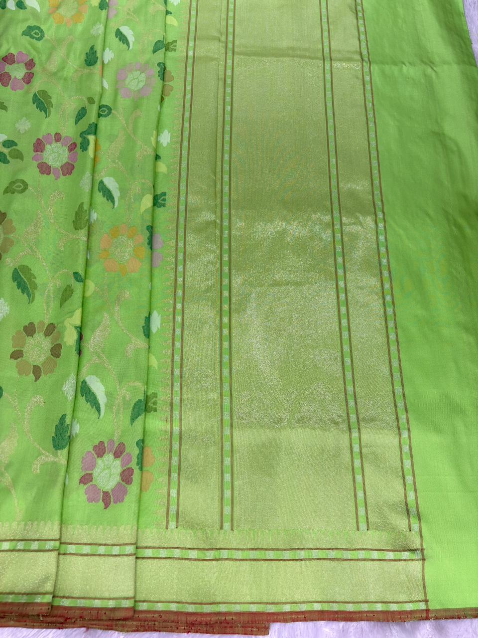 Vibrant Lime Green Pure Katan Silk Banarasi Saree with Sona Rupa Floral Jaal