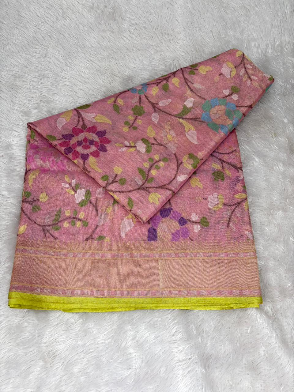 Ethereal Blush Pink Banarasi Tissue Silk Saree with Sona Rupa Floral Jaal & Meenakari