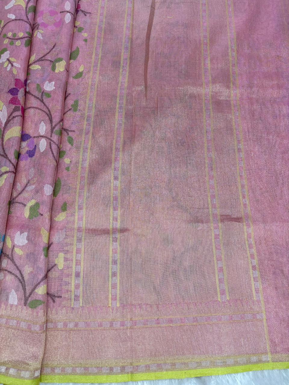 Ethereal Blush Pink Banarasi Tissue Silk Saree with Sona Rupa Floral Jaal & Meenakari