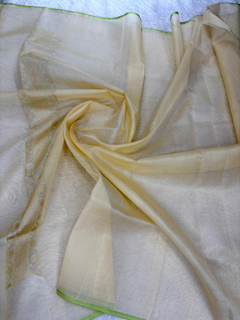 Subtle Elegance: Pastel Beige Banarasi Tissue Silk Saree with Sona Rupa Floral Jaal & Meenakari